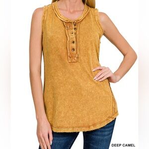 Women's Sleeveless Half Button-Up 100% Cotton Henly Top in Deep Camel